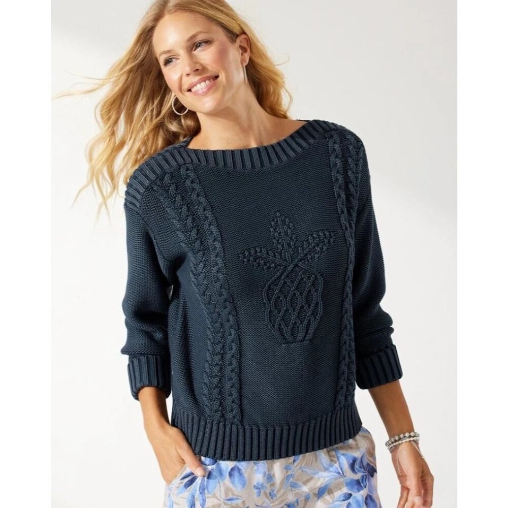 Tommy Bahama NWT Women’s Blue Cotton Cable-Knit Pineapple Sweater Large $148